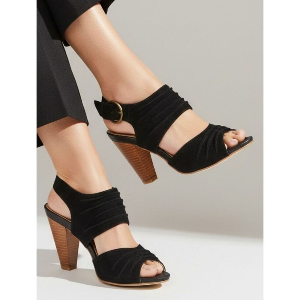 Hush Puppies Black Suede Leather Heeled Sandals